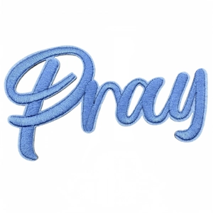 Cartoon embroidered 'Pray' patch in light blue with dark blue borders and iron-on backing