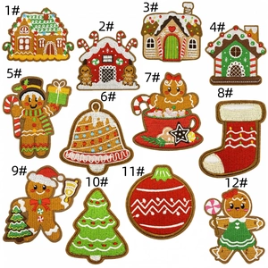 Detailed macro showing various Christmas embroidery patches with festive holiday motifs