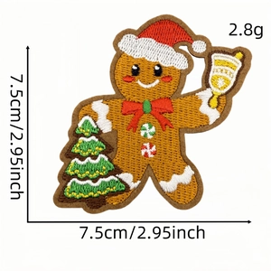 Cartoon gingerbread man Christmas embroidery patch with tree and bell for iron-on clothes