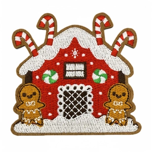 Christmas gingerbread house embroidered patch with candy canes and snow details