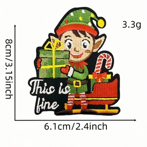 Detailed Christmas elf embroidery patch with This is fine text, size 8cm by 6.1cm