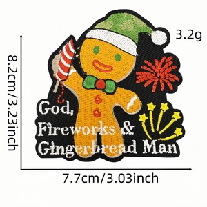 Gingerbread man embroidery patch with Christmas hat and firework rocket on white background