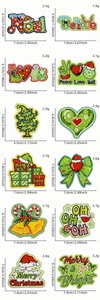 Detailed view of 12 Christmas embroidery patches with dimensions and holiday motifs