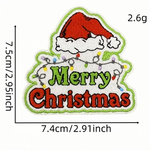 Green Christmas hat embroidery patch with Merry Christmas text and size 7.5x7.4cm