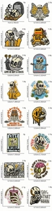 Detail view of various cartoon skull embroidery patches with specific dimensions and weights