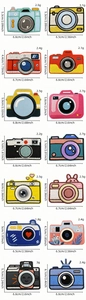 Detailed view of 14 camera embroidery patches with specific dimensions and weights