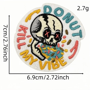 Cartoon skeleton eating donut embroidery patch with Donut Kill My Vibe slogan