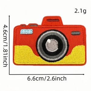 Retro camera embroidered patch for clothing with 6.6cm x 4.6cm dimensions and iron-on backing