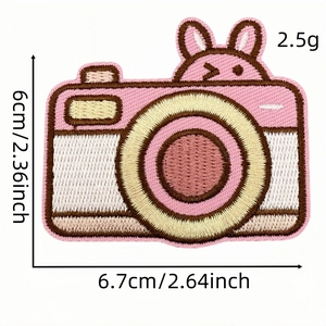 Pink cartoon camera embroidery patch with cute bunny detail, 6.7x6cm iron-on applique