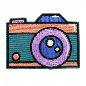 Cartoon camera embroidered patch in cyan and orange for creative clothing decoration