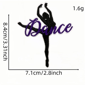 Ballerina silhouette embroidery patch with purple Dance text and size dimensions