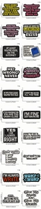 Detailed grid showing embroidered math slogans and quote patches with size specifications