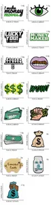 Detailed size chart for 15 varieties of creative money-themed embroidered patches for clothing
