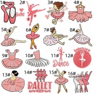 Detail view of 16 pink ballet themed embroidery patches featuring dancers and shoes
