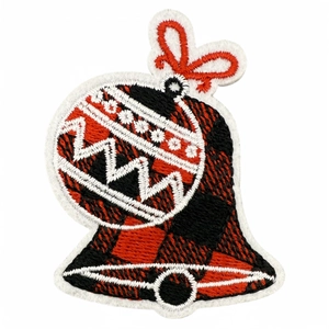 Christmas buffalo plaid bell and ball embroidery patch with red bow on white backdrop