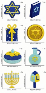 Hanukkah themed embroidery patches showing Menorah Dreidel and Star of David embroidery