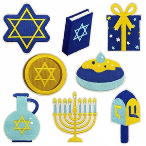 Jewish Hanukkah Embroidery Patches Polyester Star Of David Menorah Dreidel Festive Decorative Iron On Applique Badges