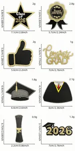 Size chart showing 8 black and gold graduation embroidery patches with dimensions and weight