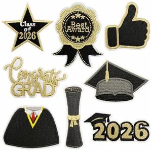 Class Of 2026 Graduation Iron On Patches Black Gold Embroidered Graduate Cap Award Star Badge For Clothes Bag Decor