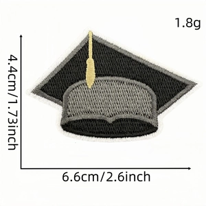 Embroidered black and gold graduation cap patch with dimensions of 4.4cm by 6.6cm