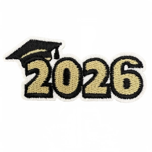 2026 graduation iron-on patch with black gold embroidery and a classic mortarboard cap