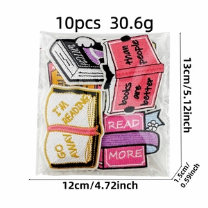 Set of 10 book themed embroidered patches for clothing with Read More text designs