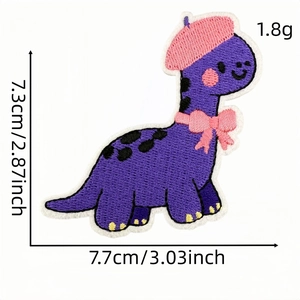 Cute purple dinosaur embroidery patch with pink hat and bow, 7.7x7.3cm iron-on applique