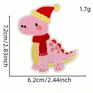 Cute pink cartoon dinosaur embroidery patch with Christmas hat and scarf iron-on applique