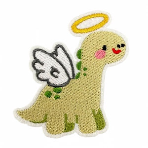 Cute yellow dinosaur cartoon embroidery patch with white wings for clothing decoration