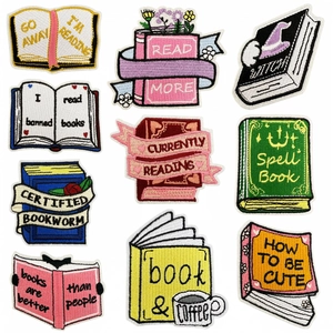 Embroidered Book Patches Iron On Reading Theme Applique For Clothing Bags Jackets Literary Quote Bookworm Decorative Sewing Supplies
