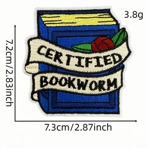 Cartoon book embroidery patch with red rose and Certified Bookworm text for clothes