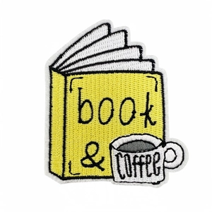 Embroidered yellow book and coffee cup patch with Book & Coffee text for clothing