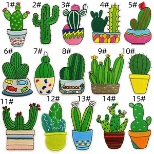 Detailed view of 15 various cactus embroidery patches with vibrant colors and fine stitching
