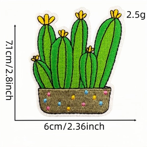 Green cactus embroidered patch for clothes with yellow flowers and colorful dotted pot