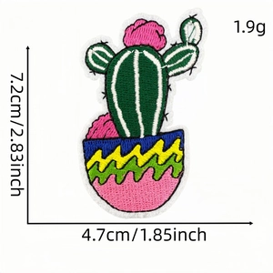 Green cactus embroidered patch with pink flower and colorful pot, 7.2x4.7cm size details
