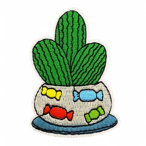 Detailed green cactus embroidery patch with colorful candy dots and white pot design