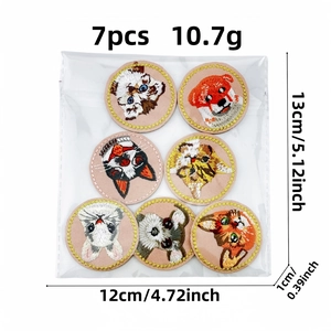 7pcs set of round embroidered animal patches featuring cute cartoon cat and dog designs