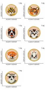 Detailed macro view of embroidered animal patches with precise size and weight markers
