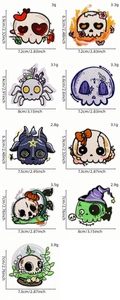 Detailed grid of cartoon skull embroidery patches with precise size and weight dimensions