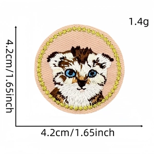 Cute round cat head embroidery patch with gold wavy border and blue eyes for DIY clothing