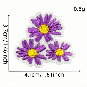 Purple daisy flower embroidered patch with yellow center and dimensions 3.7x4.1cm