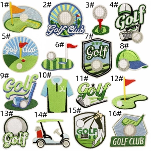 Collection of 16 golf themed embroidered patches including clubs, carts and flags