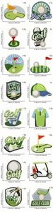 Detailed overview of 16 golf embroidery patches showing dimensions and precise stitching