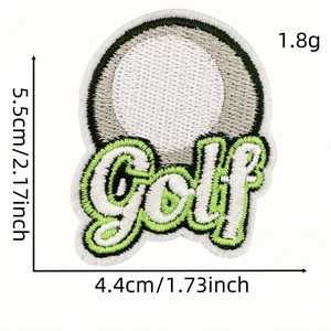 Embroidered golf ball patch for clothing with green Golf text and precise dimensions