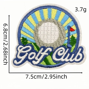 Embroidered golf club patch with white ball and green grass, size 6.8 x 7.5 cm