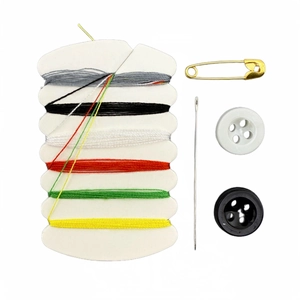 Portable mini sewing kit with 6-color thread, needles, and buttons on white background