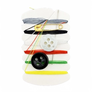 Portable disposable sewing kit with 6 color threads, needles, buttons and safety pin