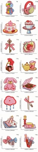 Detailed size and weight chart for 16 different cute pink cartoon embroidery patches