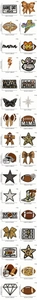 Detailed collection of rugby and leopard print embroidery patches with sizes and weights