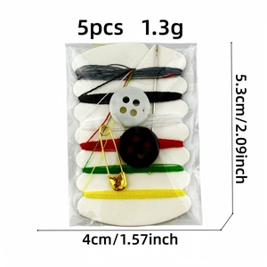 Detailed view of a 5-piece portable sewing kit with thread, buttons, and needle in 5.3x4cm